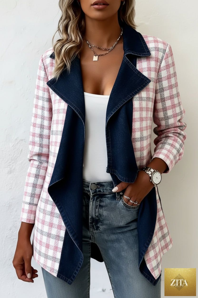 Patchwork denim collar coat for women by FitiqueFit, long-sleeved, mid-length coat with colorful patchwork design.