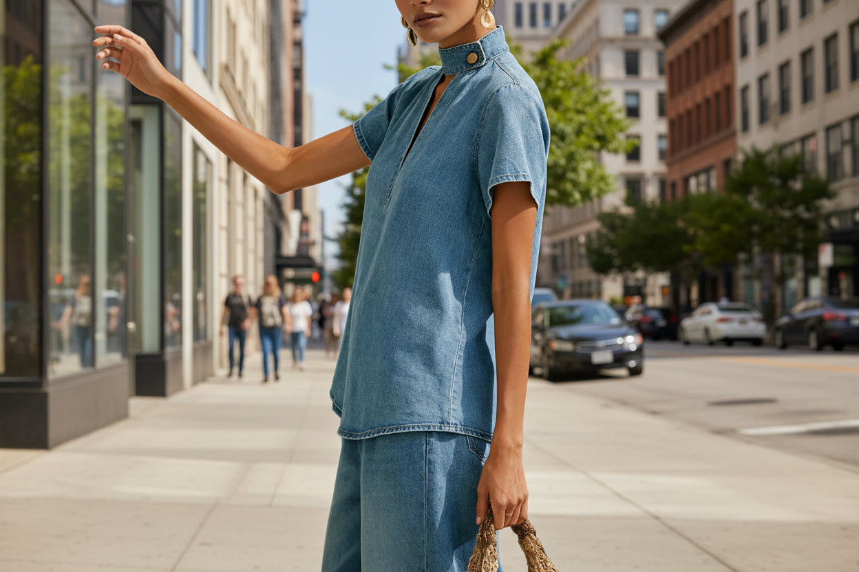 Faux Denim Two-Piece Set – Loose-Fit Short-Sleeve & Pants