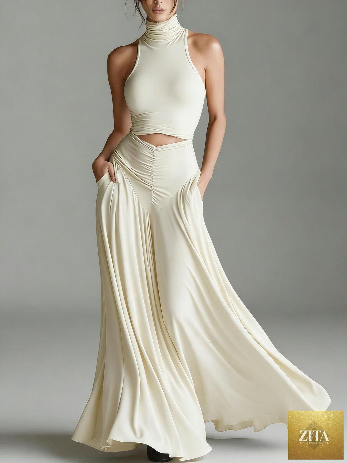 Women's sleeveless high-neck top and elegant long A-line dress two-piece set by FitiqueFit, featuring stylish and comfortable design.