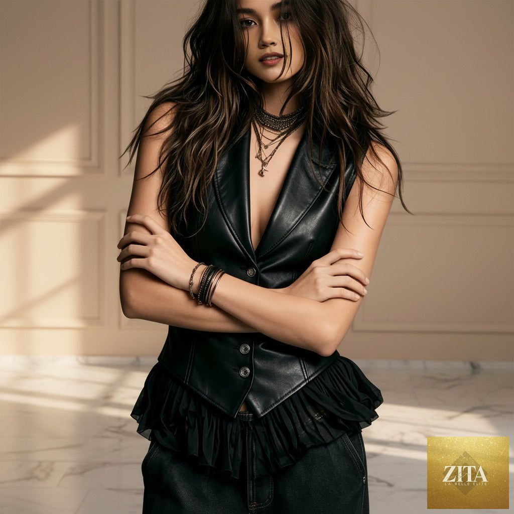 Gothic black PU leather vest with deep V neckline, ruffle hem, fitted waist, stylish tops from FitiqueFit.