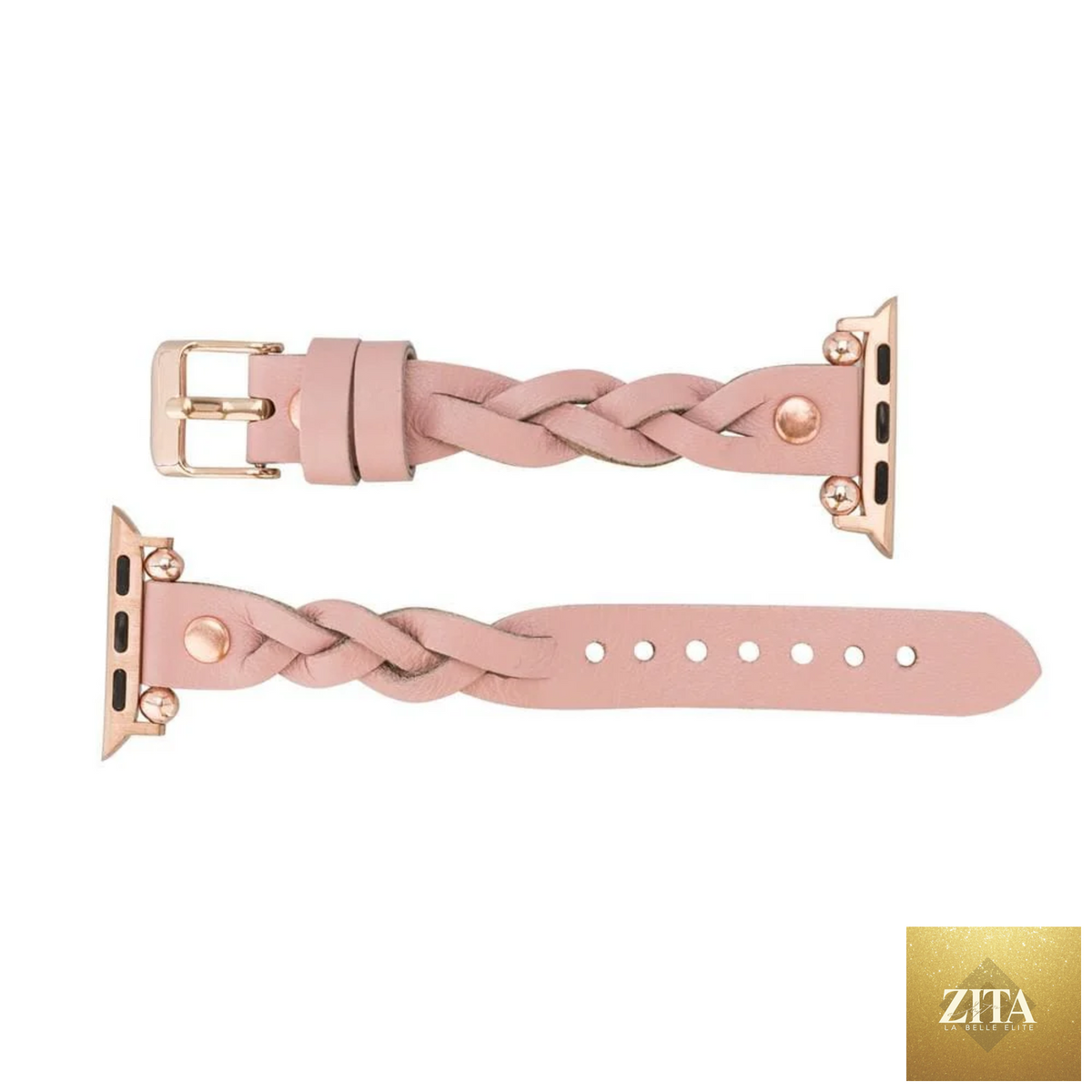 Leather Apple Watch band in pink with braided design from LEATHERE, stylish accessory for Apple Watch.