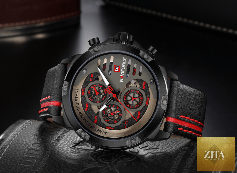 Men's Stevvex waterproof sports watch with chronometers, leather belt, multifunction dial, and unique design.