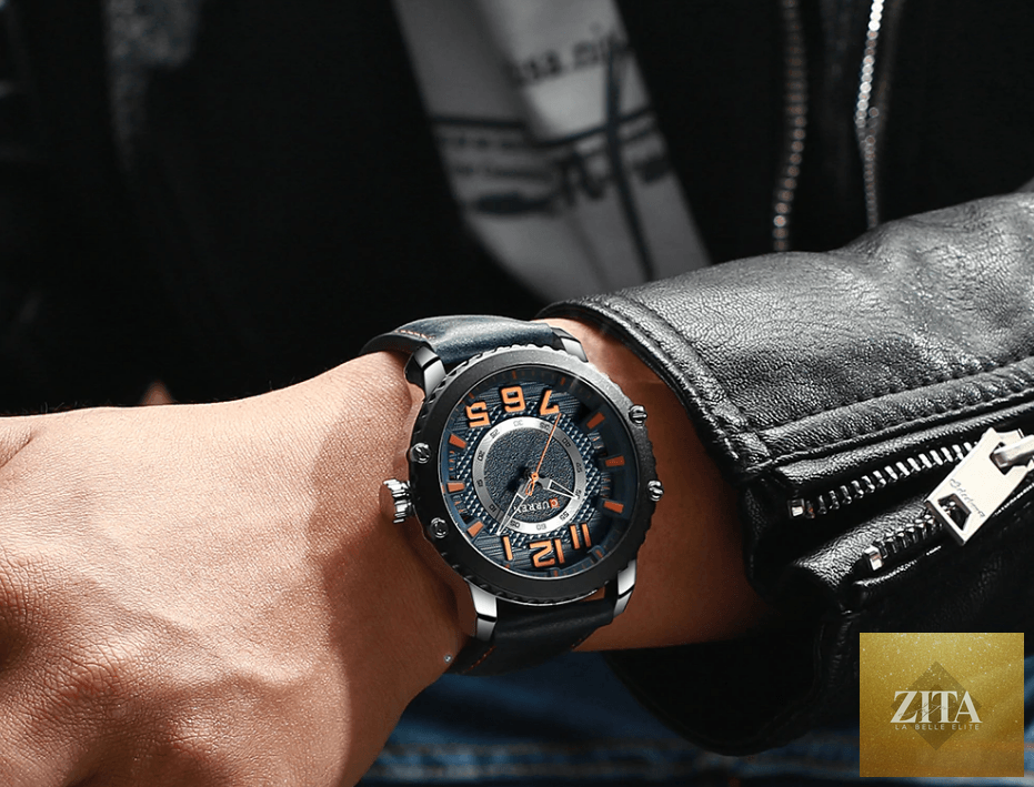 Men's Stevvex waterproof sport watch with leather belts, large number details, and a unique design suitable for active wear.