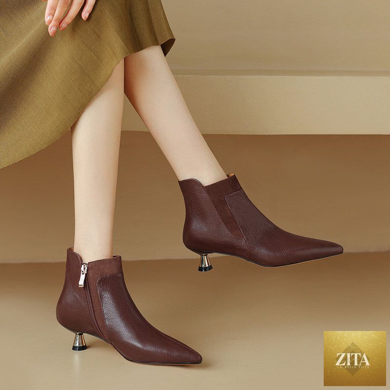 Women's genuine leather kitten heel ankle boots with pointed toe and side zipper by FitiqueFit, stylish footwear for elegant looks.