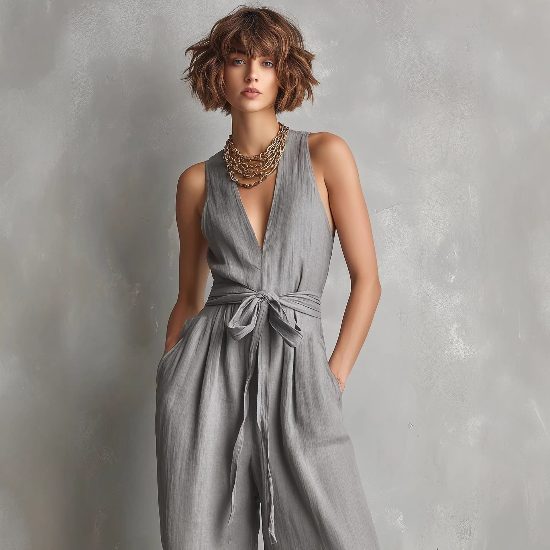 Women's Elegant V-Neck Sleeveless Commuter Jumpsuit