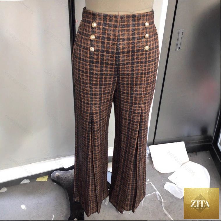 High-waisted plaid and striped retro pants by The Fashion Celestial, stylish versatile bottoms for spring and summer.