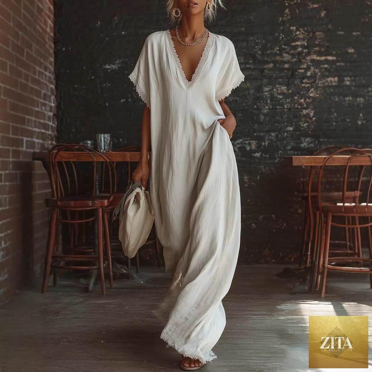 Lace-trimmed loose linen cotton long dress for women by FitiqueFit, casualwear, featuring lightweight fabric and relaxed fit.