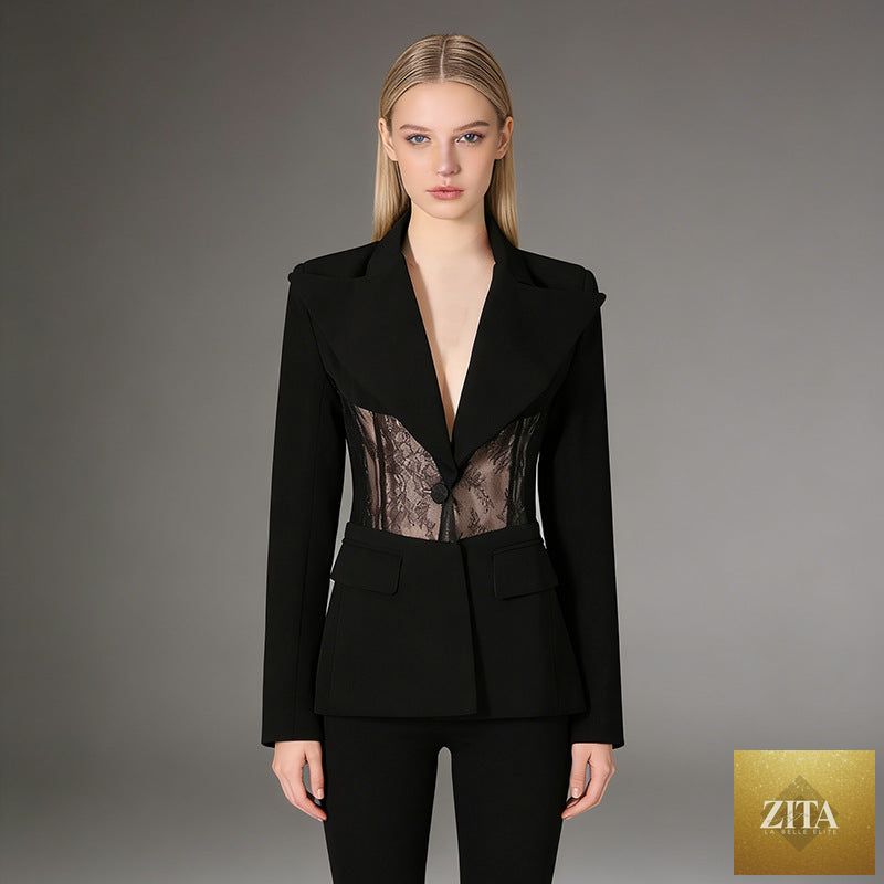 Lace boning waist-cinching blazer for women featuring fitted design, tailored collar, and intricate lace details.