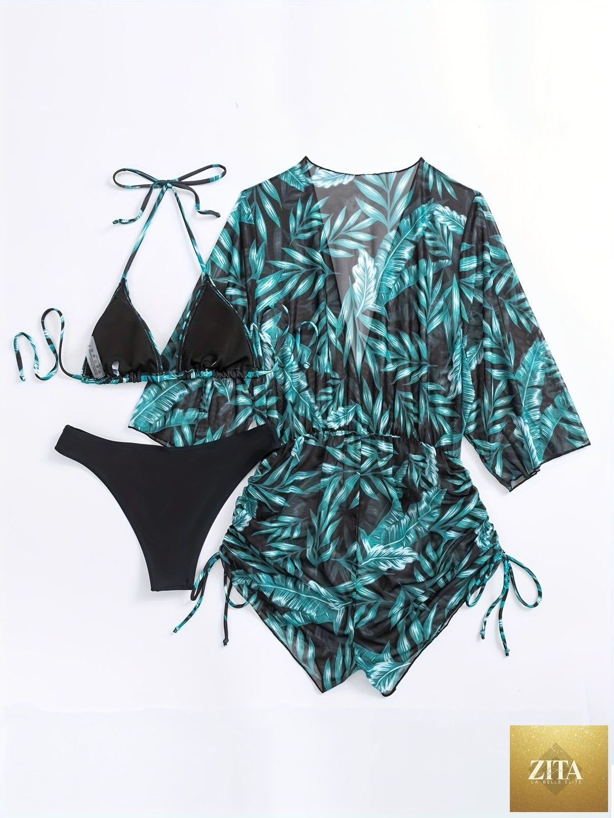 Stevvex Island Bloom 3-piece bikini set for women with tropical leaf print, halter top, high waist bottoms, and adjustable cover-up.
