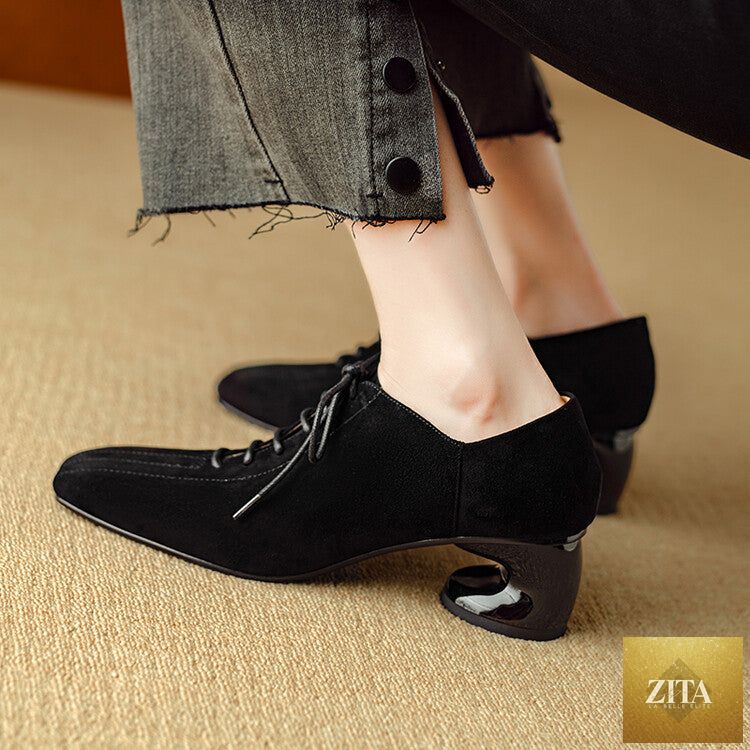 Women's retro sheepskin square toe chunky heel pumps by Zita La Belle Elite, featuring lace-up design and mid heel height.