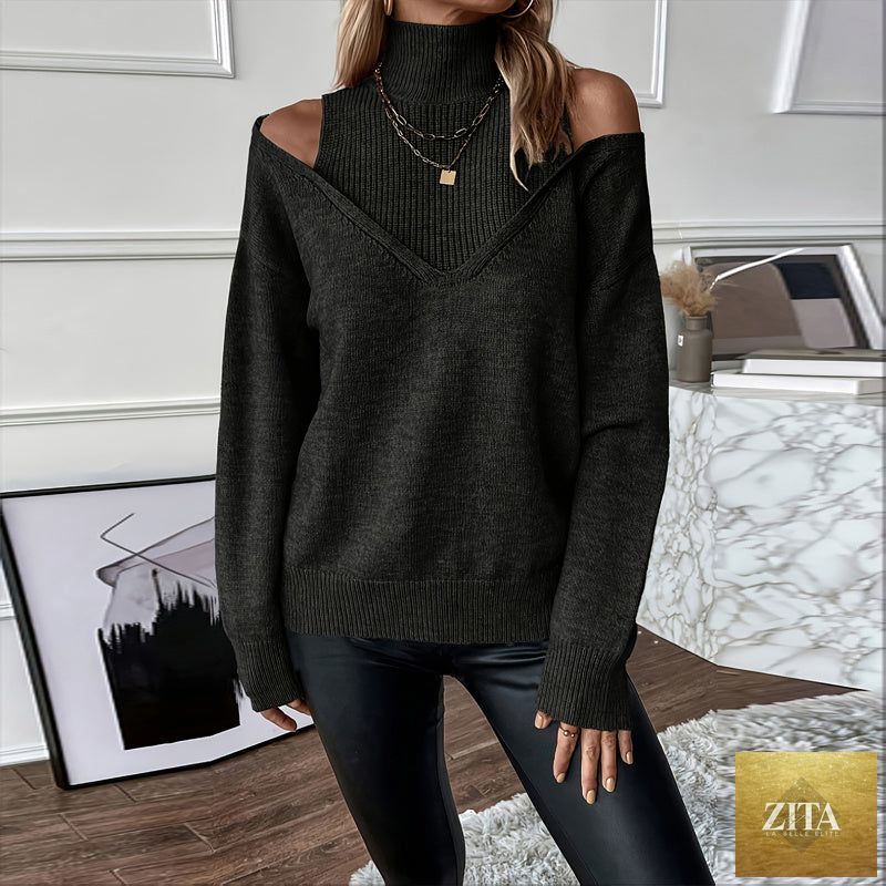 Women’s elegant off-shoulder turtleneck sweater by FitiqueFit, featuring long sleeves and a cozy knit casualwear style.