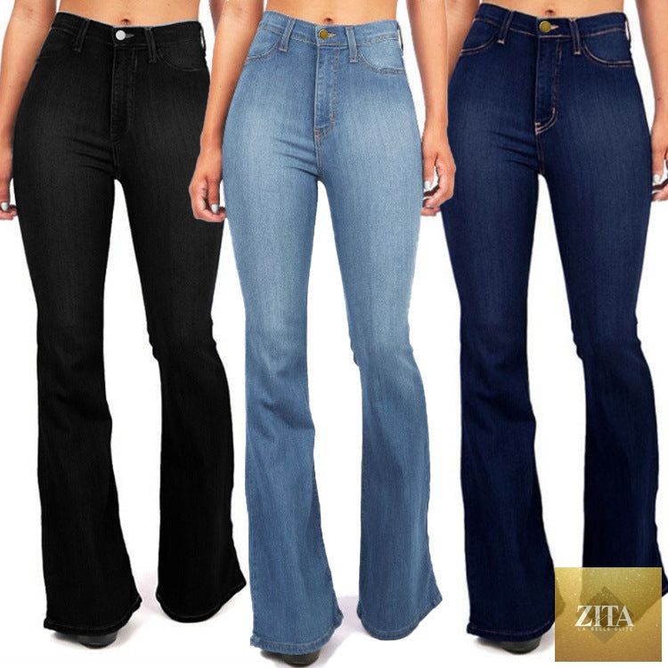 Plus size women's denim jeans with slim bell bottom style, long skinny jeans from SHOMICOBOUTIQUE, showing the fit and denim fabric.