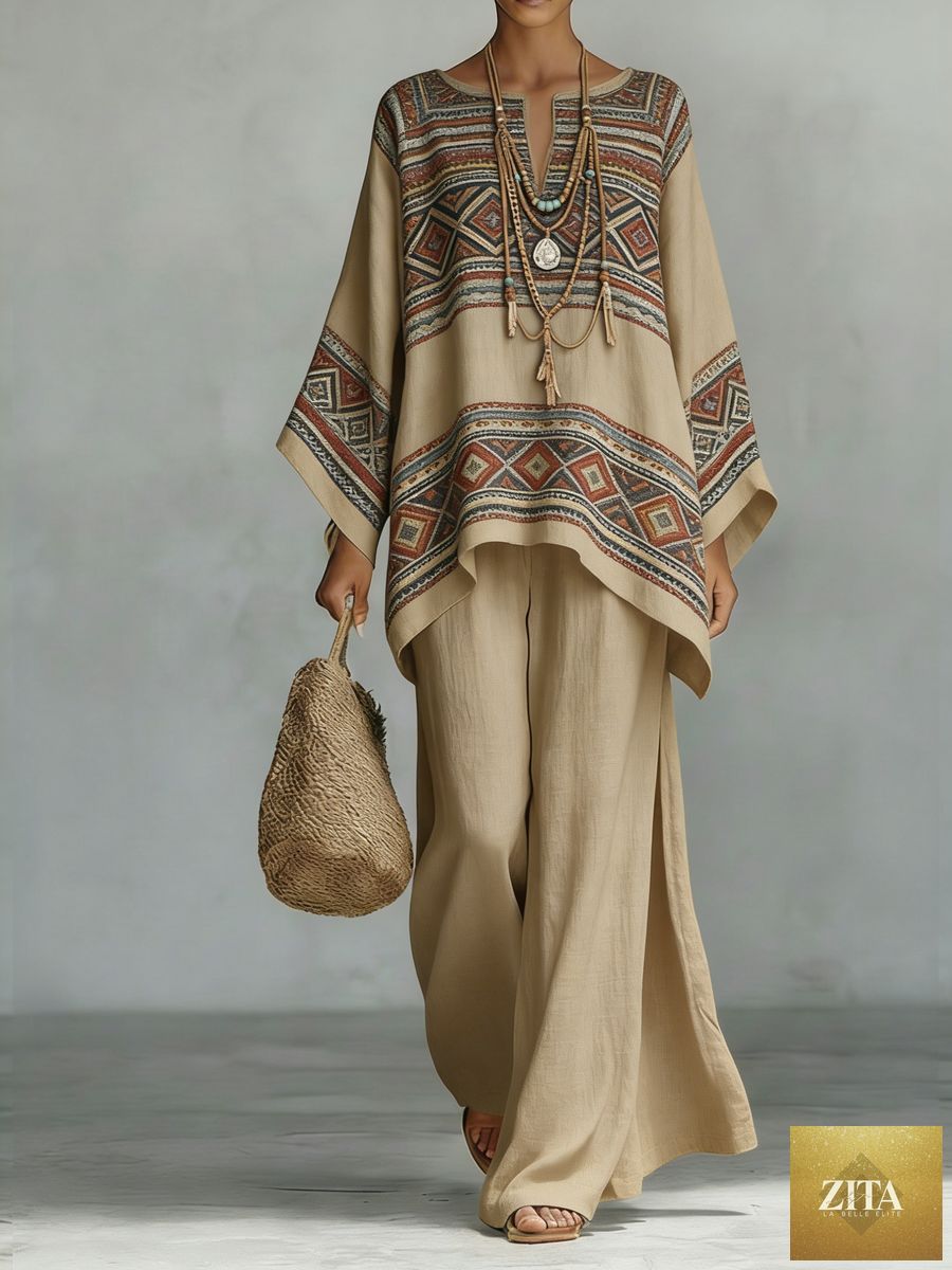 MERIDGE floral print bamboo linen two-piece set with wide-leg pants, featuring a colorful floral pattern and relaxed fit.
