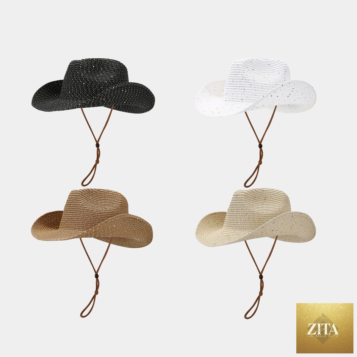 Women's Panama straw woven sun hat by Zita La Belle Elite with windproof design and sequin details, perfect for beach or outdoor wear.