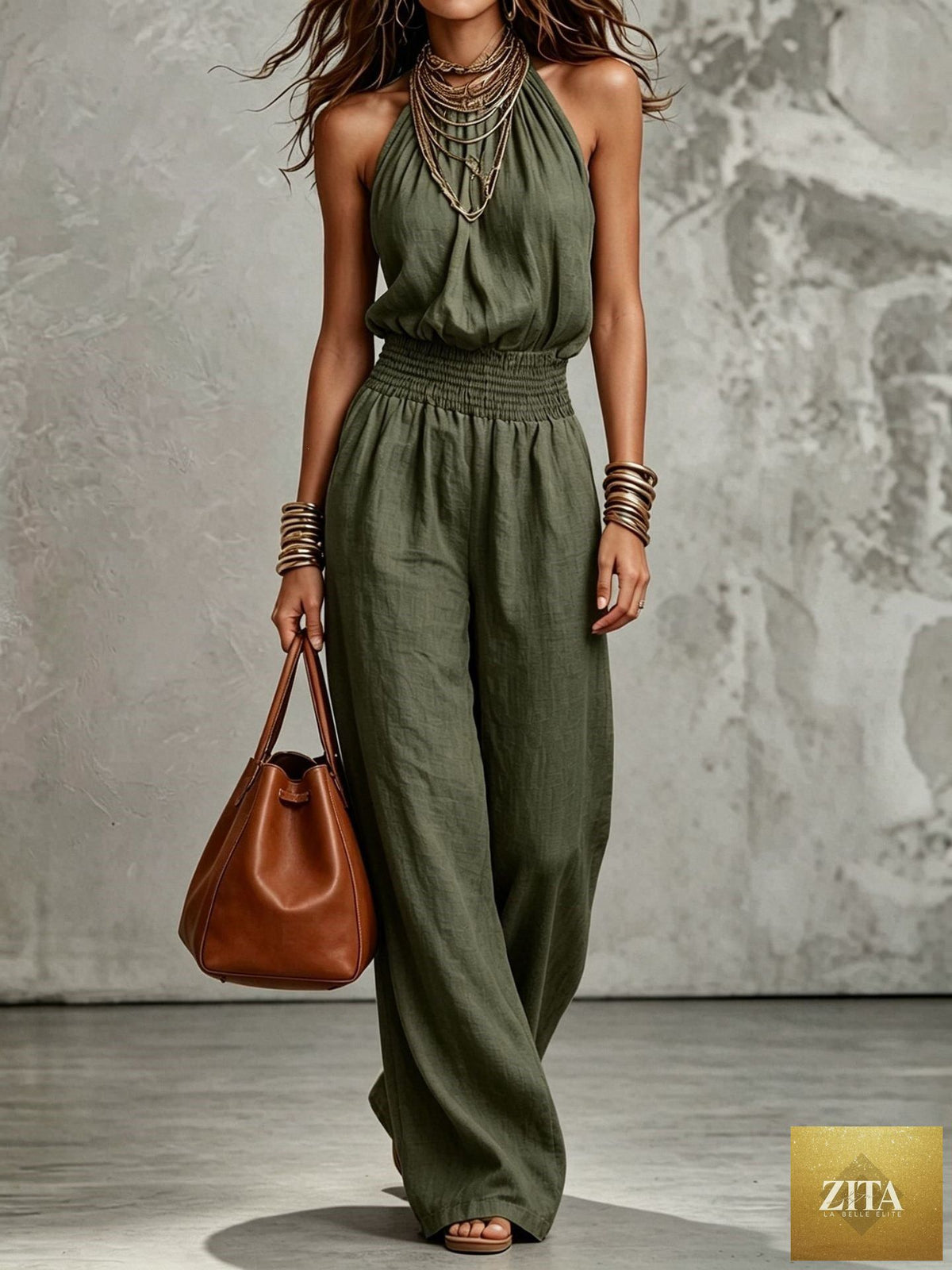 Women's sleeveless backless lace-up halter wide-leg jumpsuit by Zita La Belle Elite, casualwear, shown on a model.