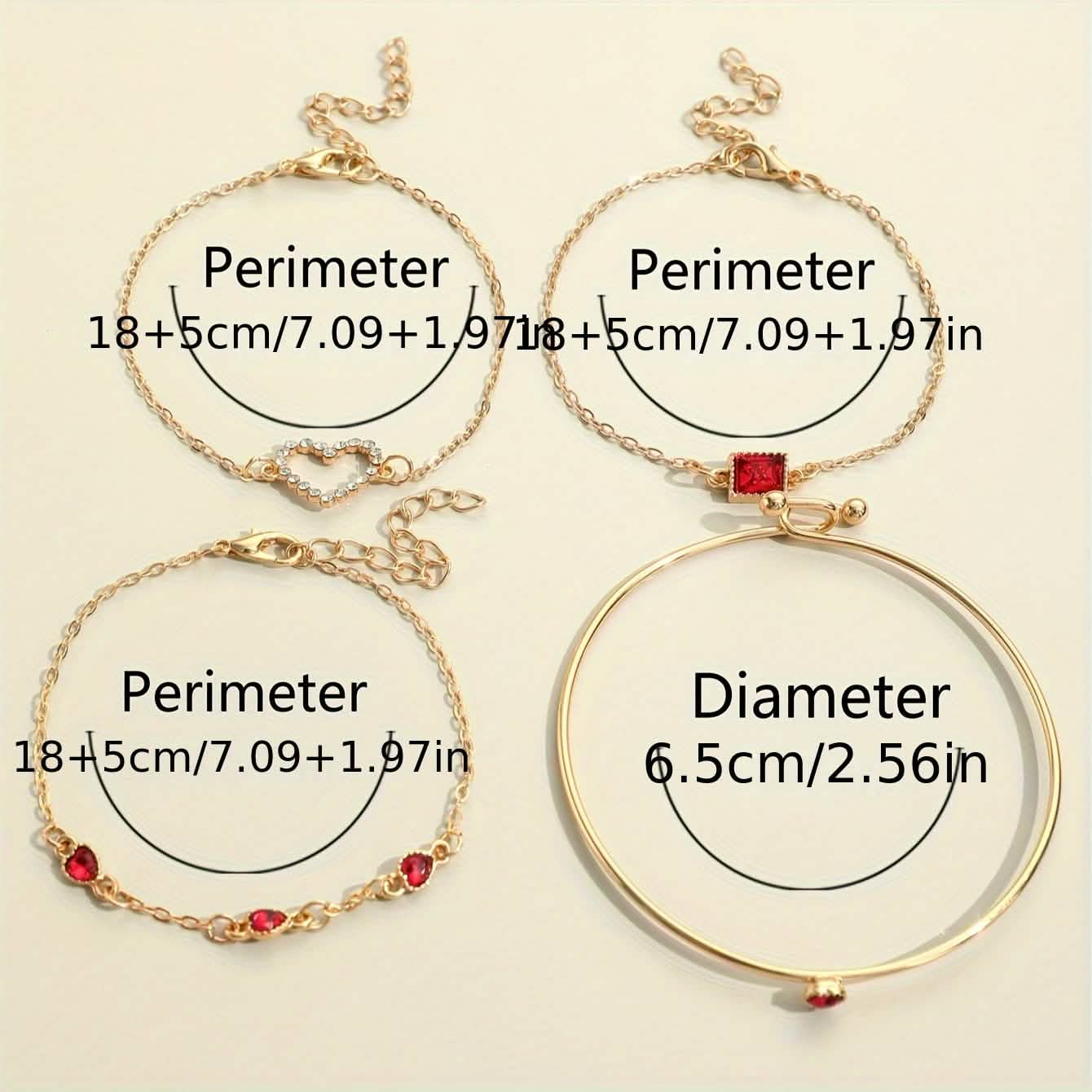 Set of 4 rhinestone alloy bracelets featuring minimalist heart and square designs, perfect for elegant jewelry accessories.