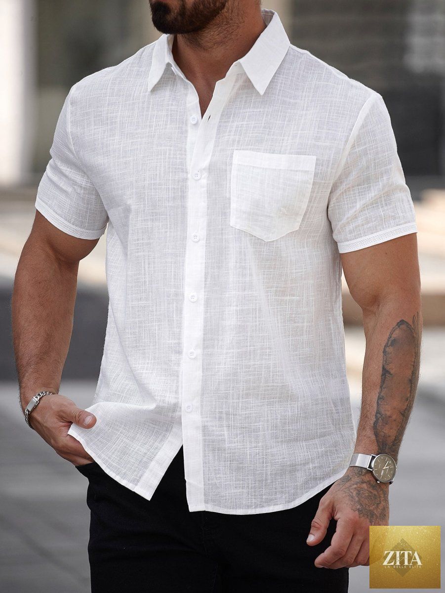 Mandotos men's short-sleeve cotton shirt with a front pocket, casual style, light fabric, and button closure.