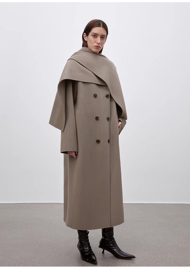 "Assassin's Creed" removable scarf collar, woolen coat for women, Brown Coeus