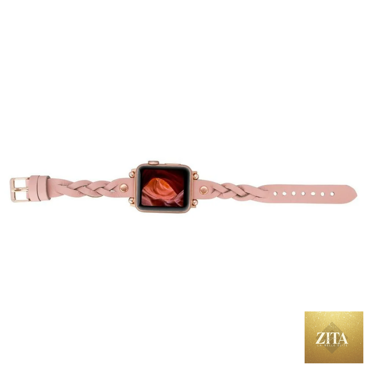 Leather Apple Watch band by LEATHERE in pink braided design for Apple Watch, featuring a stylish and comfortable fit.
