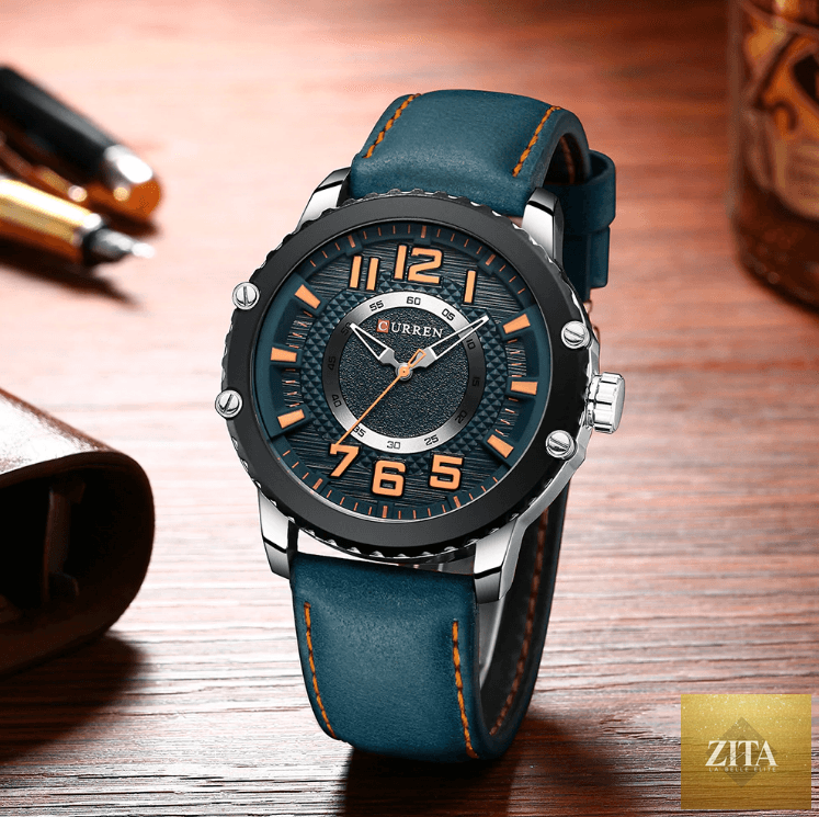 Men's Stevvex waterproof sport watch with leather belt and large number dial, showcasing a unique design and durable features.