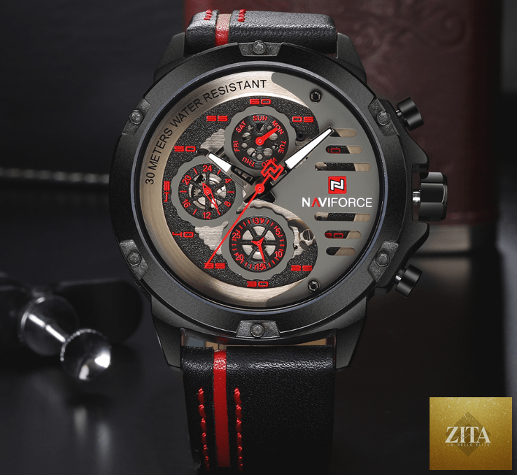 Men's Stevvex waterproof sports watch with chronometers, leather belt, multifunction dial, and unique design for active wear.