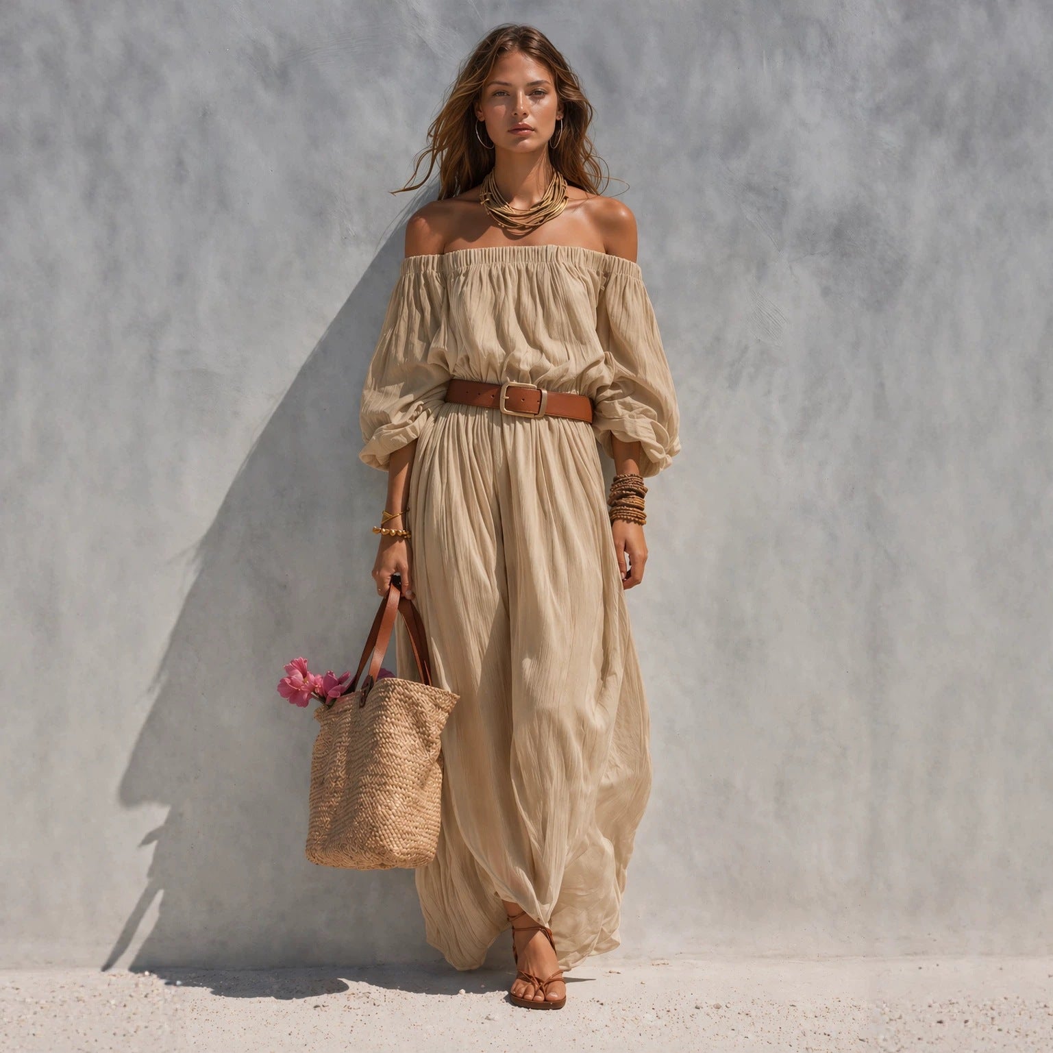 Women's sleeveless cotton-linen maxi dress with boat neckline by FitiqueFit, featuring a relaxed fit and flowy silhouette.