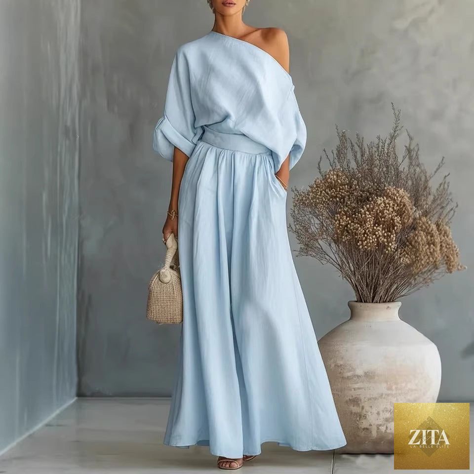 Zita La Belle Elite casualwear two-piece set with cropped off-shoulder top and pants in various colors, size S–5XL
