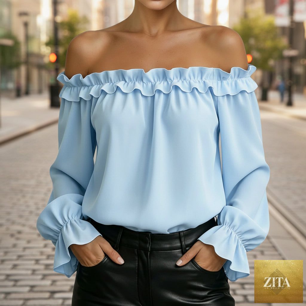Women's ruffle off-shoulder blouse with 3/4 sleeves by Zita La Belle Elite, featuring elegant design and feminine style.