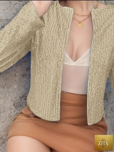 Elegant women's full-size sequin cropped jacket with open front and glamorous sparkle, from Zita La Belle Elite.