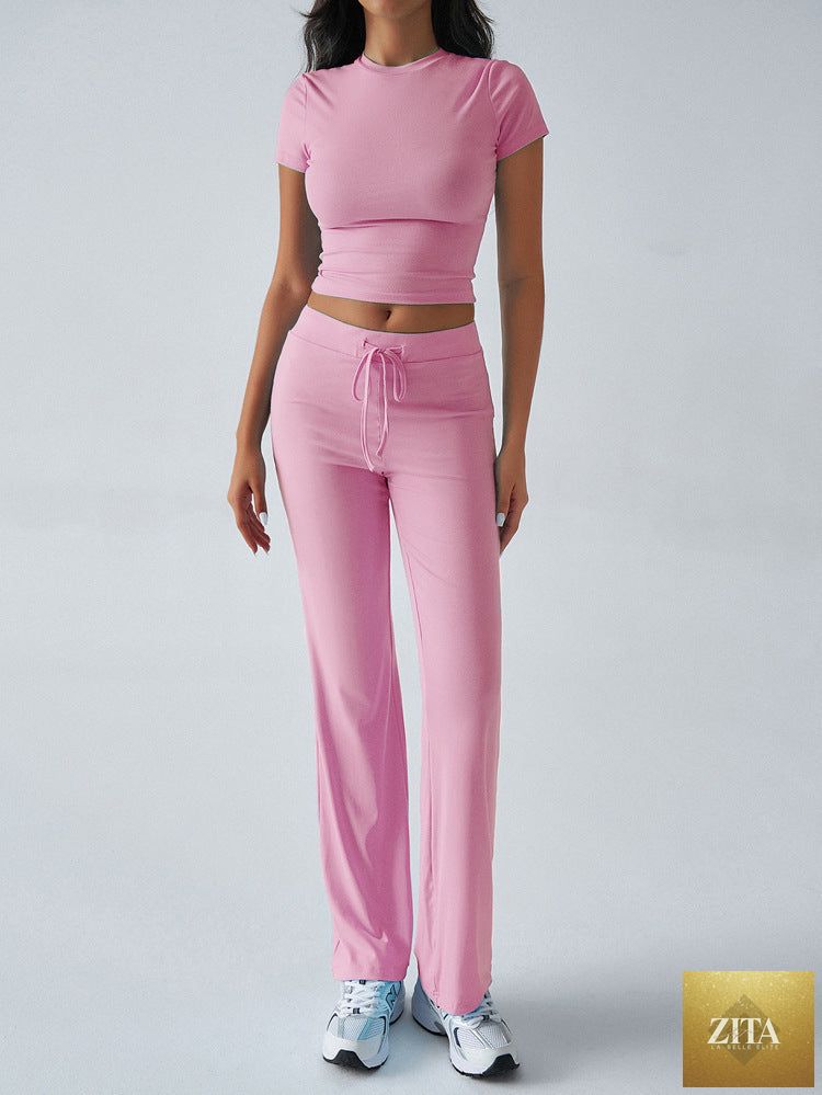 Zita La Belle Elite crew neck short sleeve top and full-length pants set in solid color, shown in 23dcddf3-53ff-48f6-909e-d0f3780d1a84.jpg