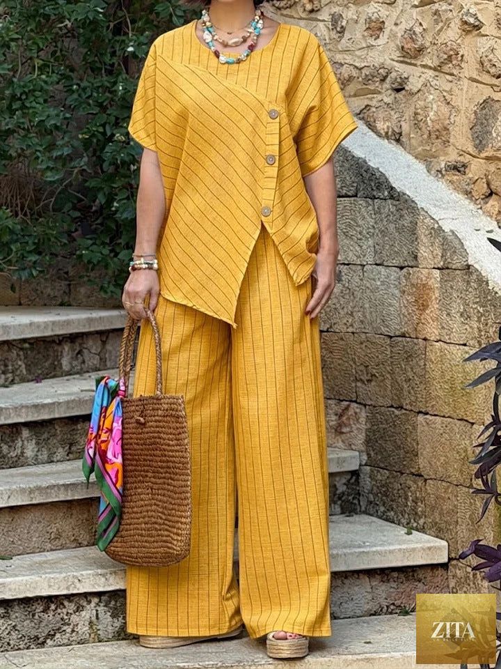 Zita La Belle Elite casual striped shirt and loose pants set with three-quarter sleeves, stylish and comfortable two-piece outfit.