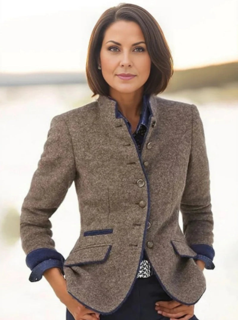 Women’s color-block woolen coat by FitiqueFit with multi-buttons, casual and elegant design, featuring a stylish color-block pattern.