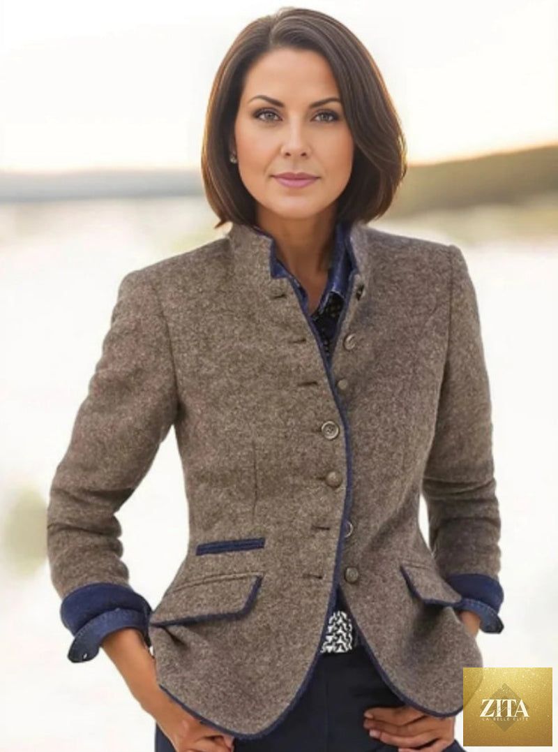Women’s color-block woolen coat by FitiqueFit with multi-buttons, casual and elegant design, featuring a stylish color-block pattern.