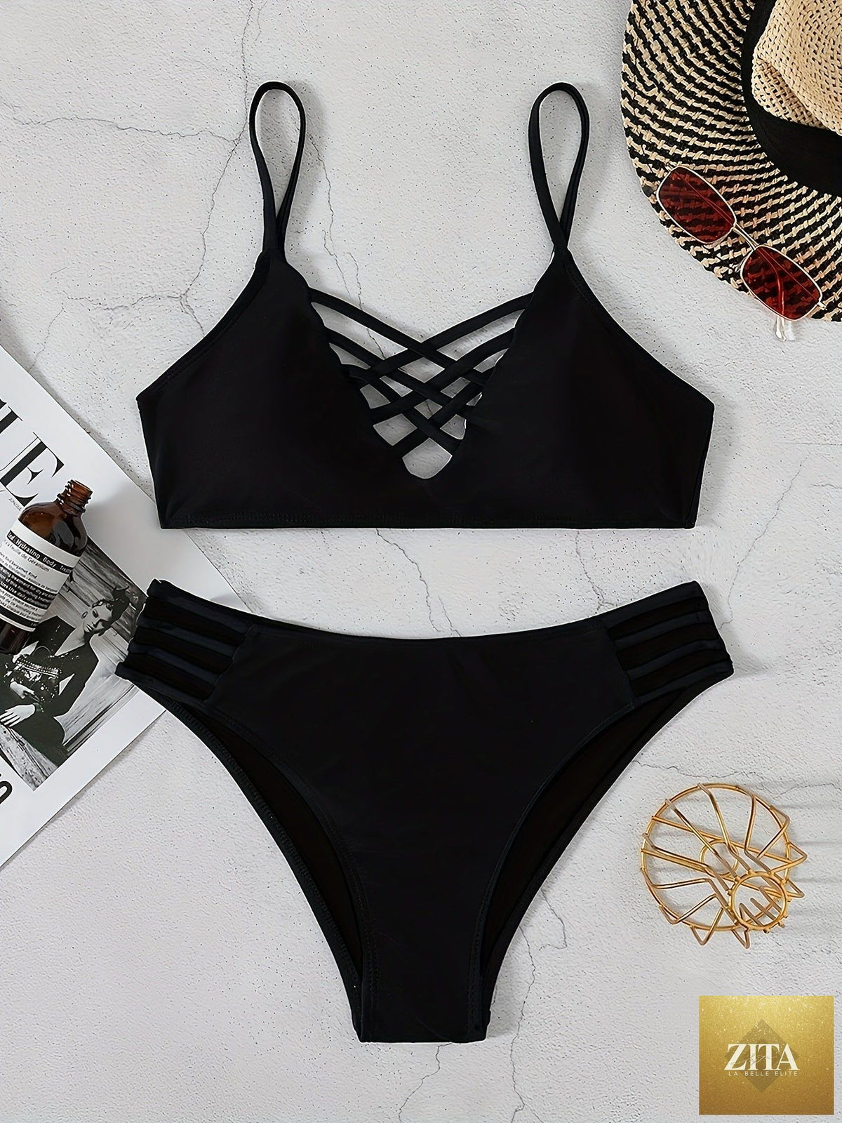 Stevvex Noir Allure criss cross bikini set for women, high waist with buckle detail, hollow out design, adjustable spaghetti straps, nylon swimwear