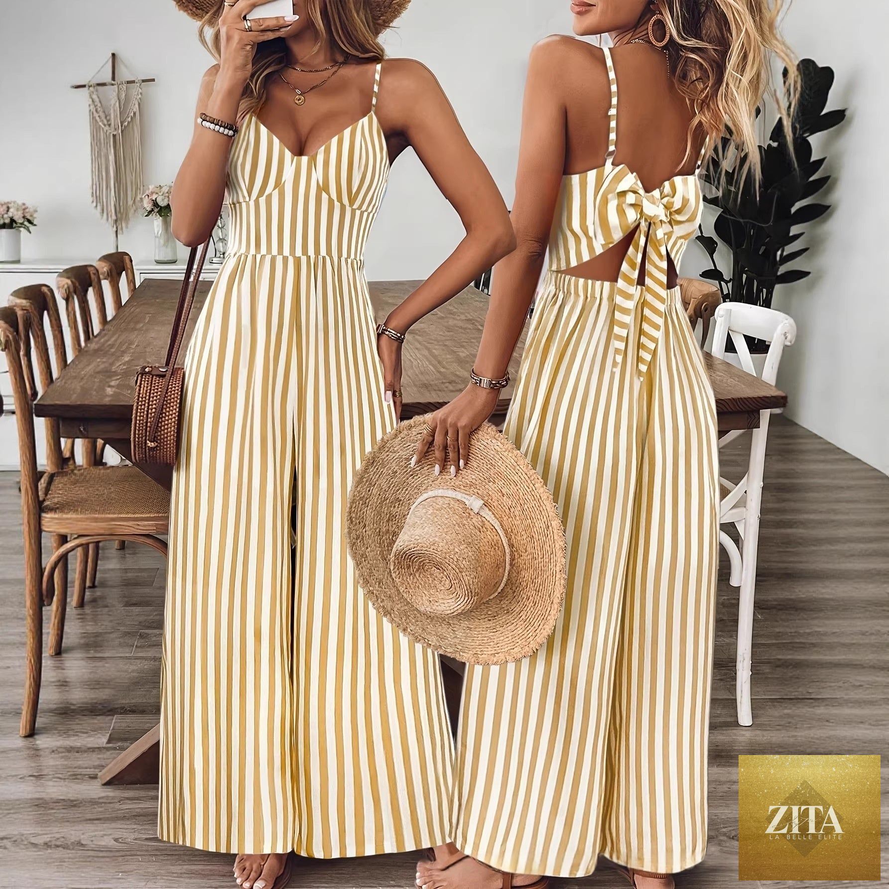Ginger yellow printed backless sleeveless strap jumpsuit by FitiqueFit, featuring a stylish open back and relaxed fit.