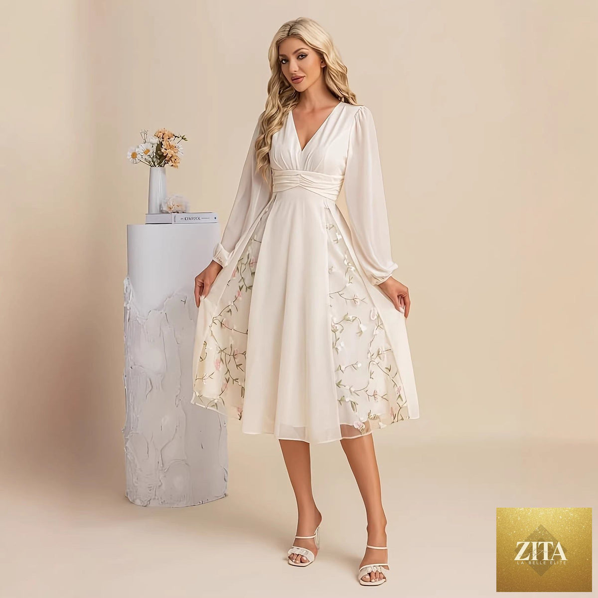 Floral long sleeve V-neck pleated midi dress by FitiqueFit with high waist and flared hem, perfect for casual wear.