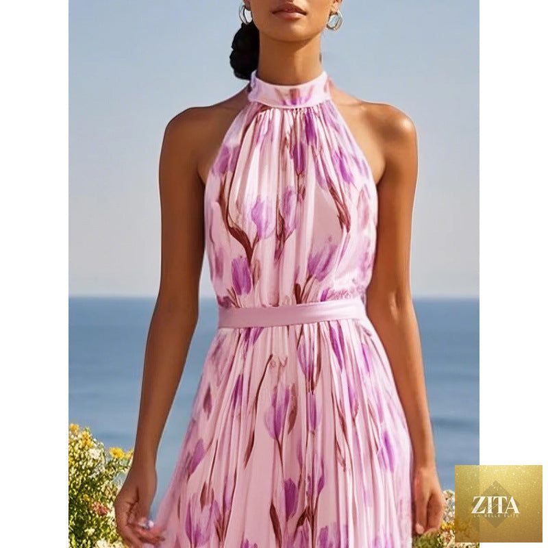 Women's halterneck high-waist swing dress by FitiqueFit featuring floral and solid prints, perfect for casualwear.