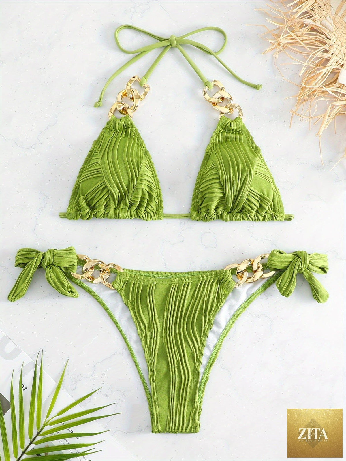 Stevvex striped halter bikini set with ruched texture, gold chain, bow tie sides, and ring link detail, perfect for summer beachwear.