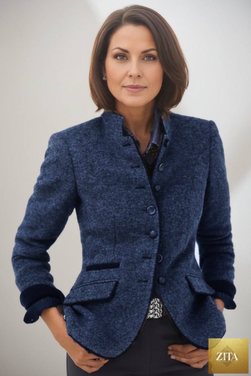 Women’s color-block woolen jacket by FitiqueFit featuring a multi-button casual elegant coat with a stylish color-block design.