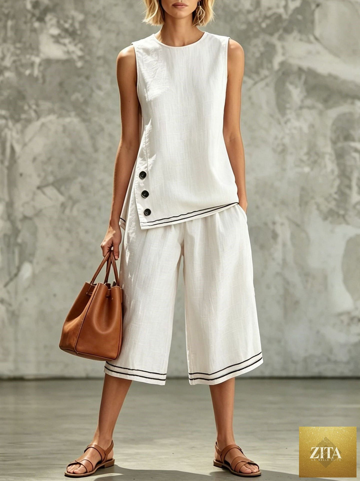 Zita La Belle Elite women's tank top and wide-leg pants set with side split, pockets, and button details.