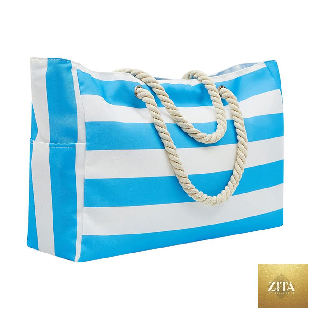 Embroidered striped beach bag with large capacity from Social Buzz eSIMs, featuring colorful woven design and sturdy handles.