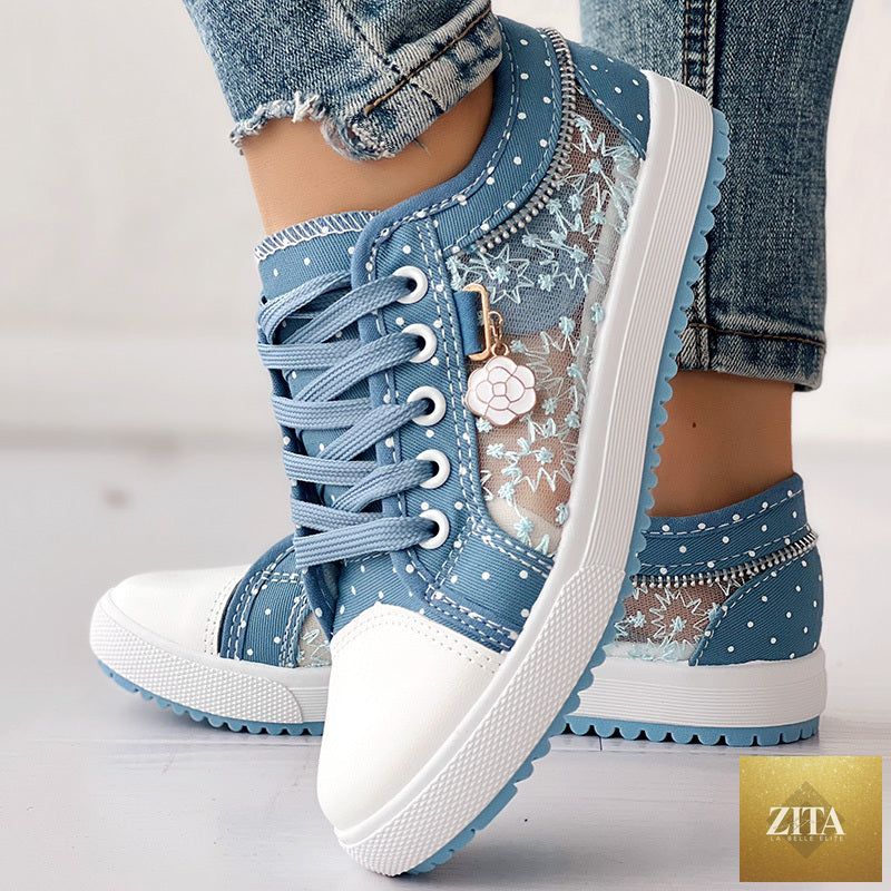 Women's casual canvas sneakers with floral embroidery and polka dot print by FitiqueFit, featuring a comfortable, stylish design.