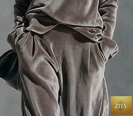 Women's Korean velvet long sleeve top and pants set by FitiqueFit, casualwear with a soft, luxurious texture.
