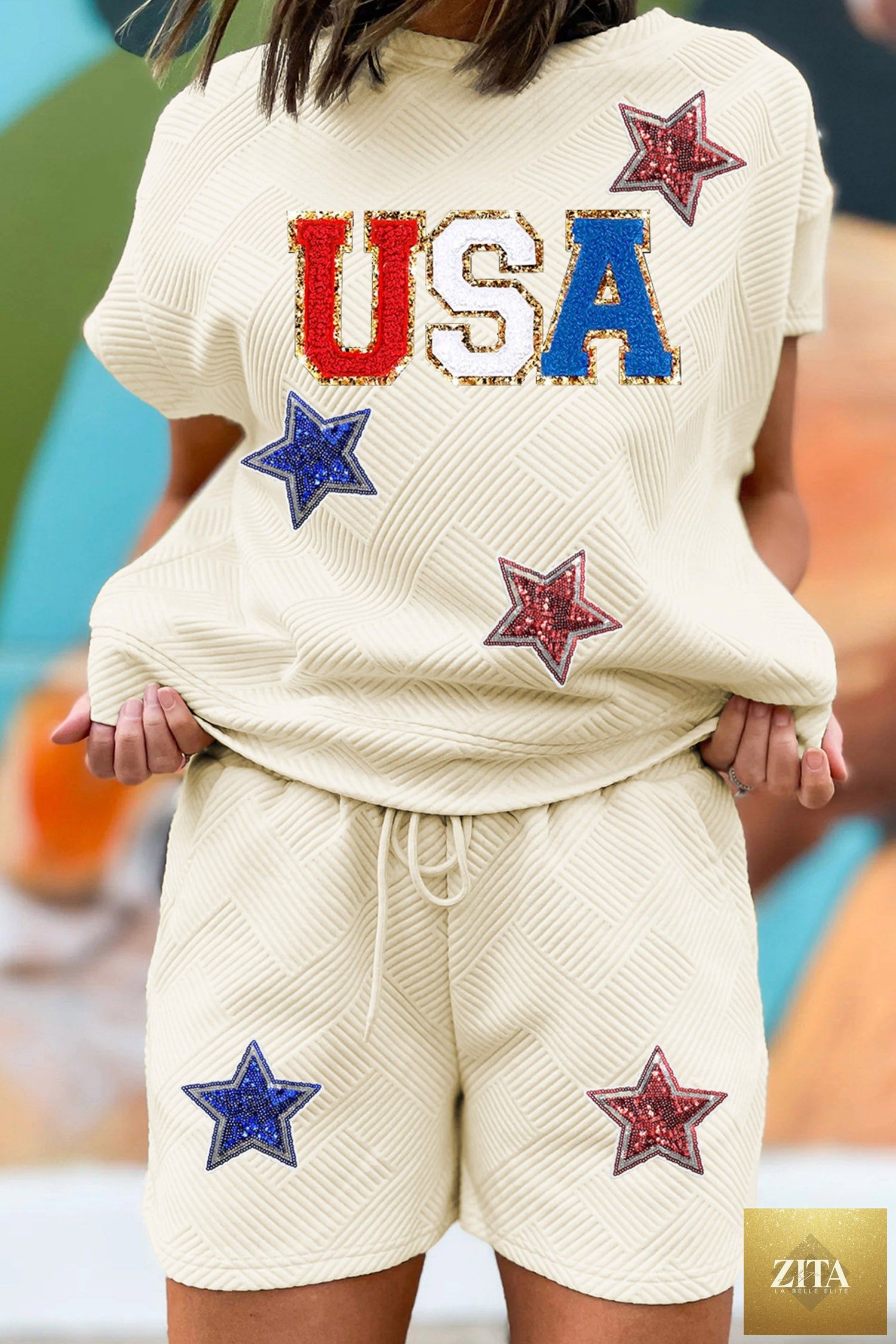 Apricot USA Star Patched graphic textured short set by Wild and Free Boutique, featuring star patches and vibrant design.