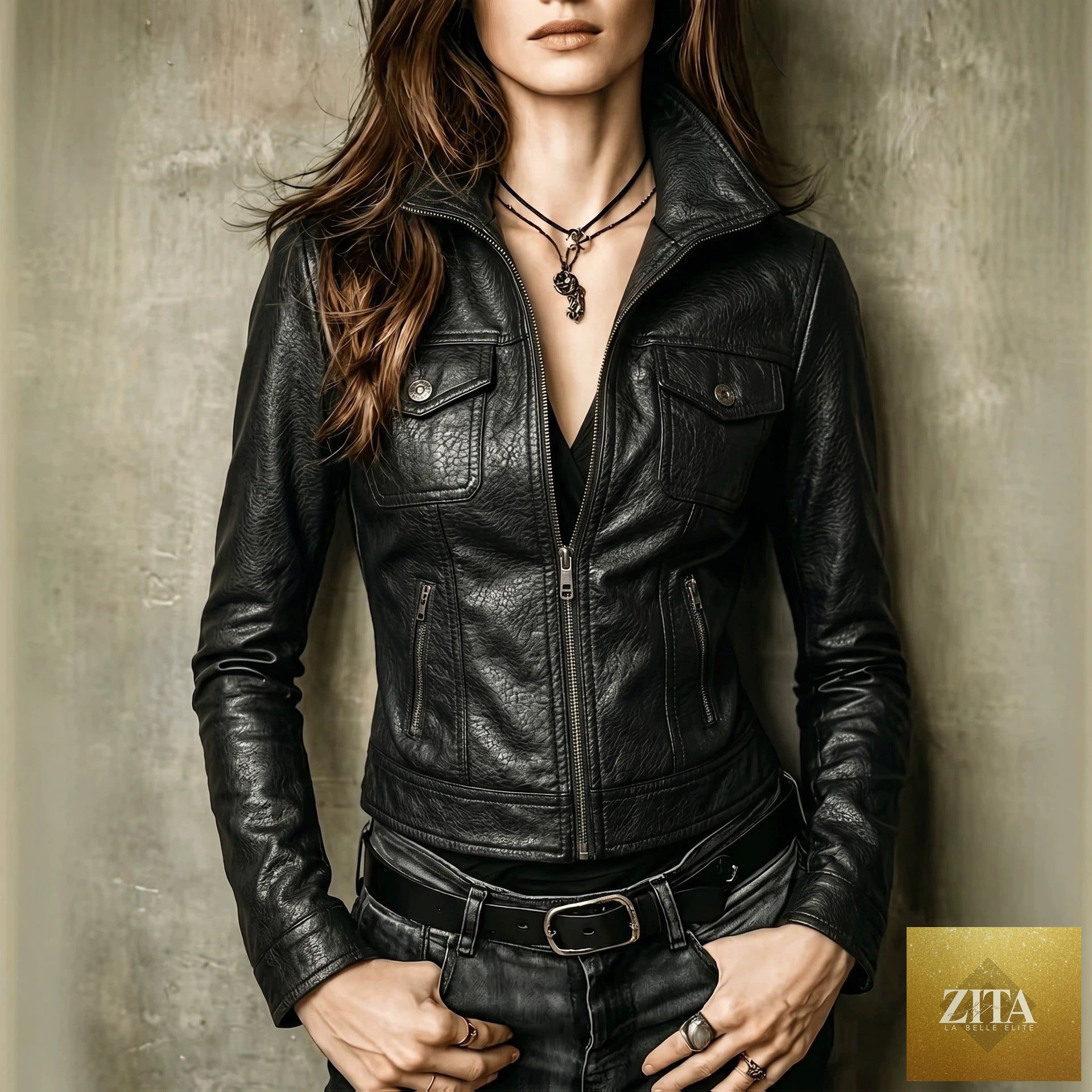 Vintage washed black PU leather biker jacket from FitiqueFit with slim fit design and front zip closure.