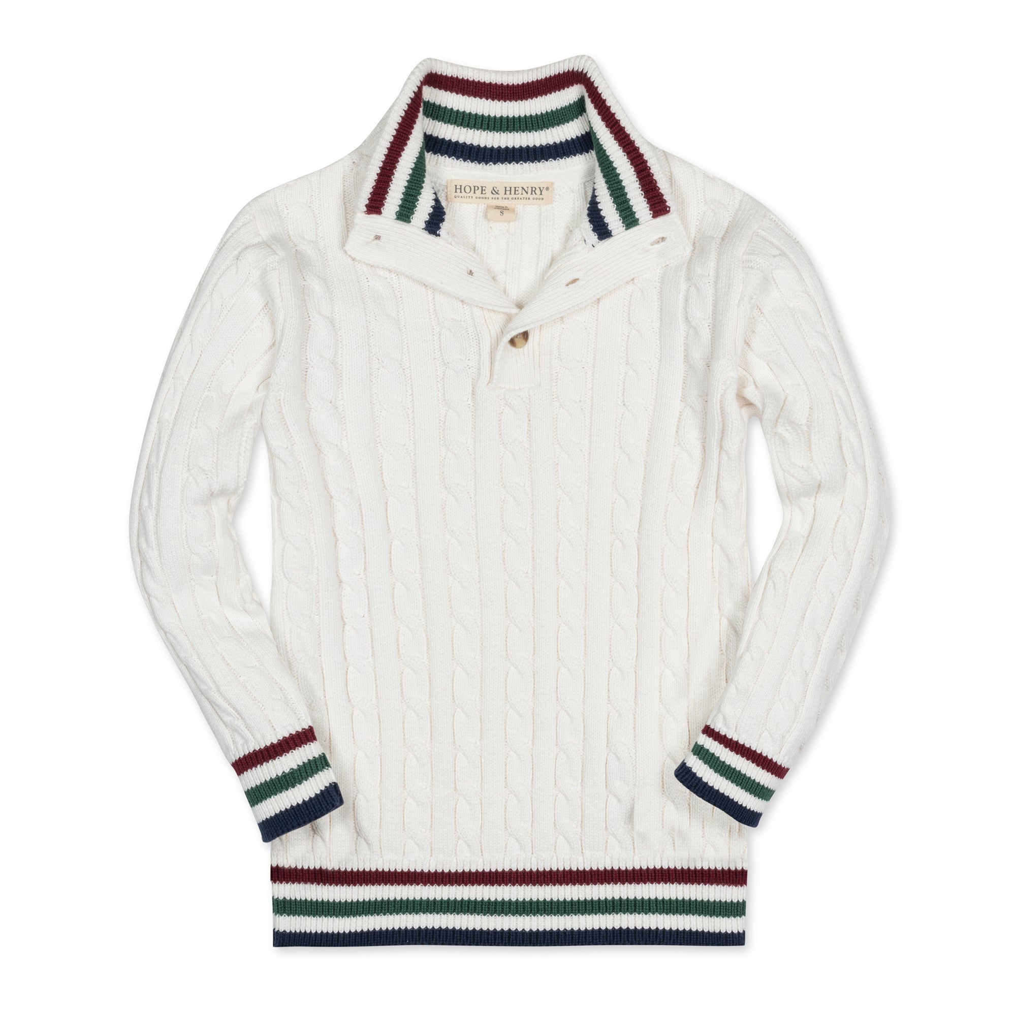 Baby organic mock neck cable sweater by Hope & Henry, featuring a cozy knit design and ribbed collar.