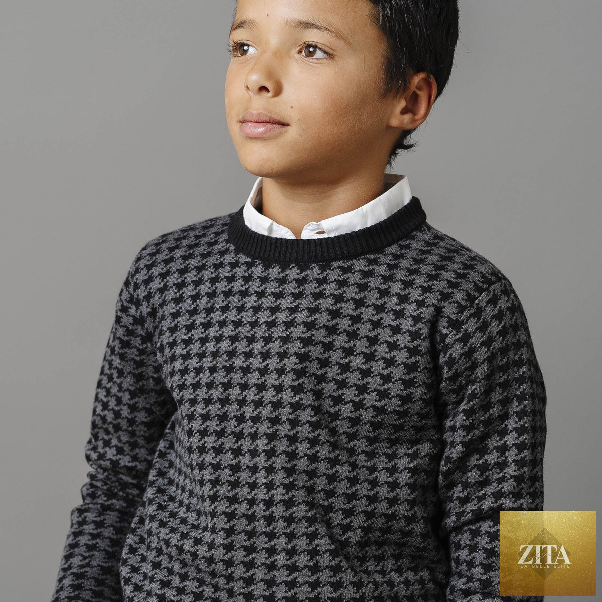 Baby organic intarsia crew neck sweater by Hope & Henry, showing a cozy knit sweater with colorful pattern details.