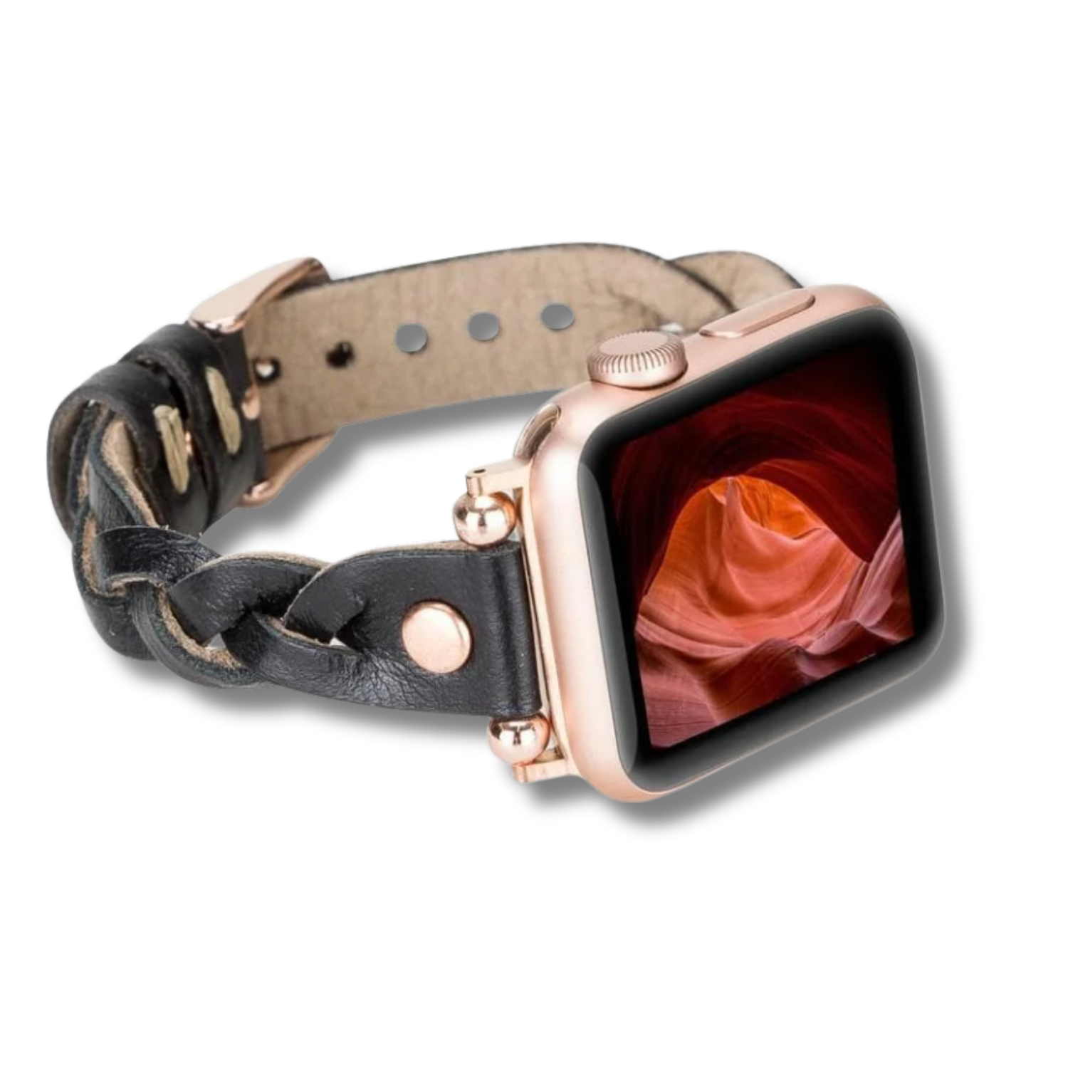 Black leather Apple Watch braided band by LEATHERE, designed for a stylish and comfortable fit on Apple Watch.
