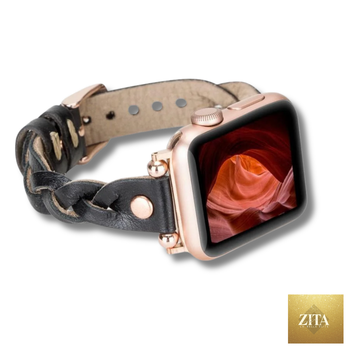 Black leather Apple Watch braided band by LEATHERE, designed for a stylish and comfortable fit on Apple Watch.