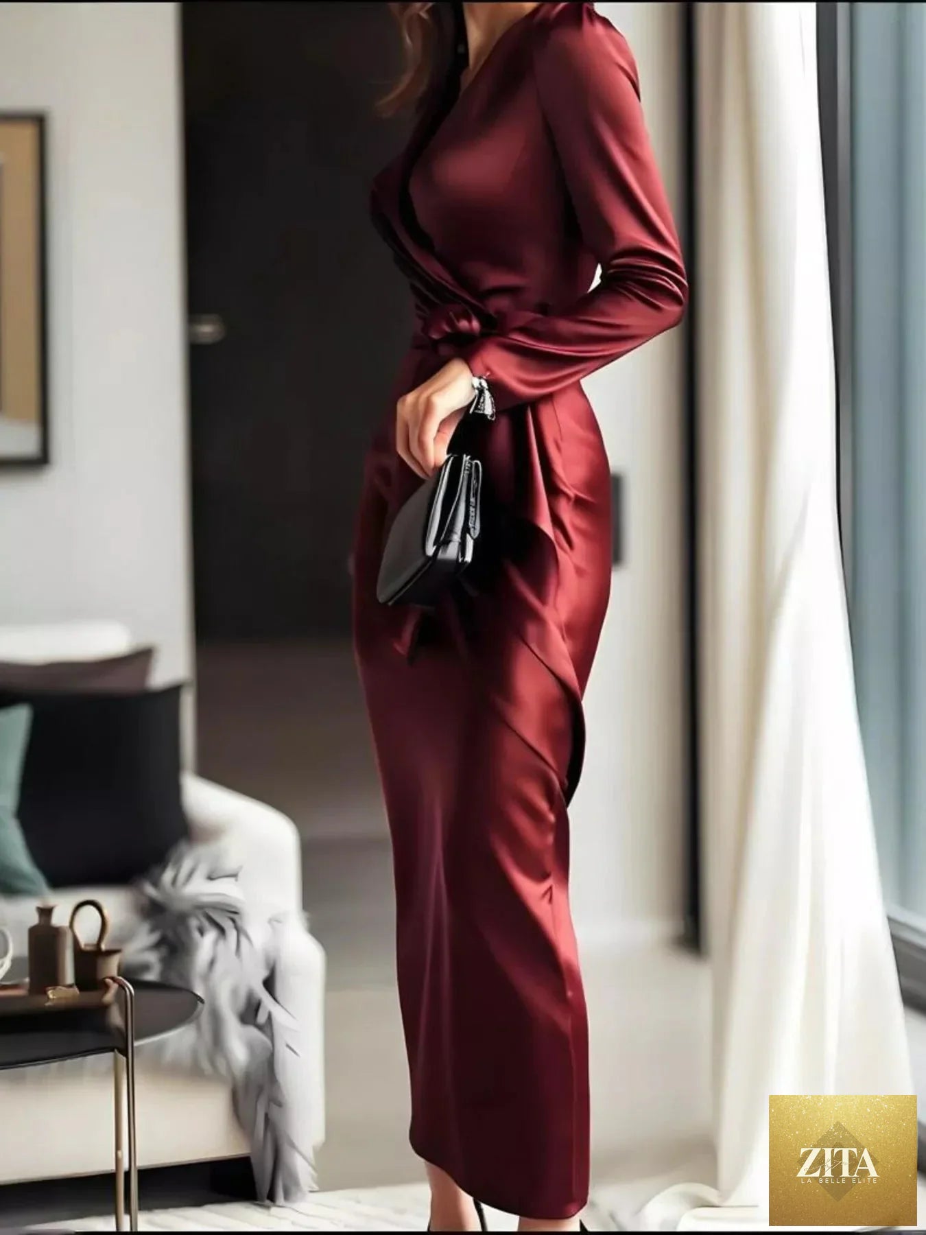 Shopiebay surplice satin long sleeve dress with elegant drape, featuring a fitted waist and soft sheen fabric, perfect for formal occasions.